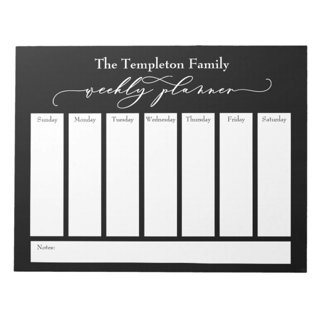 Bloc De Notas Elegante Script Simple Weekly Planner, Negra Negra (Frente)