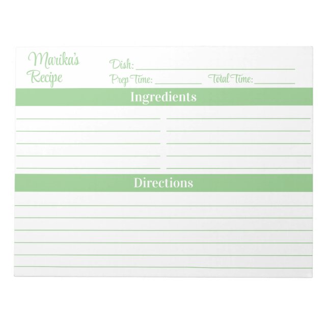 Bloc De Notas Elegante Script Verde Salvia 8.5x11 Recetas (Frente)