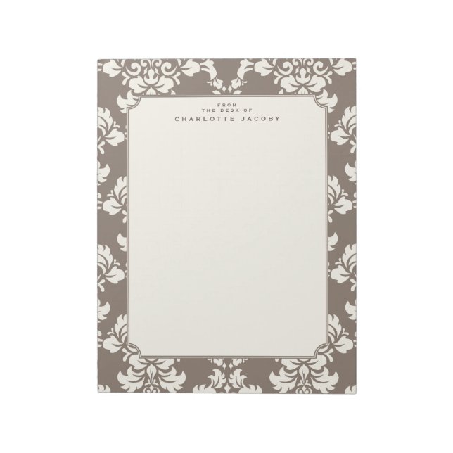 Bloc De Notas Elegante Taupe Damask Letra tamaño Stationery Pad (Lado Izquierdo)