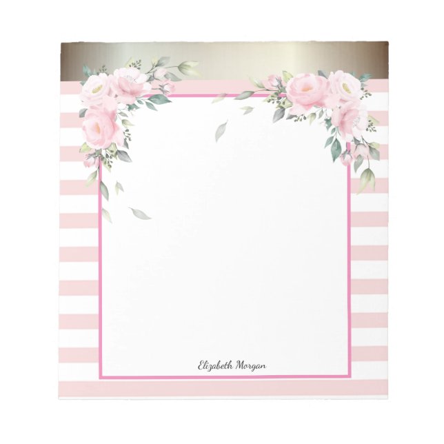 Bloc De Notas Elegantes Flores Acuarela con Rayas Rosadas (Frente)