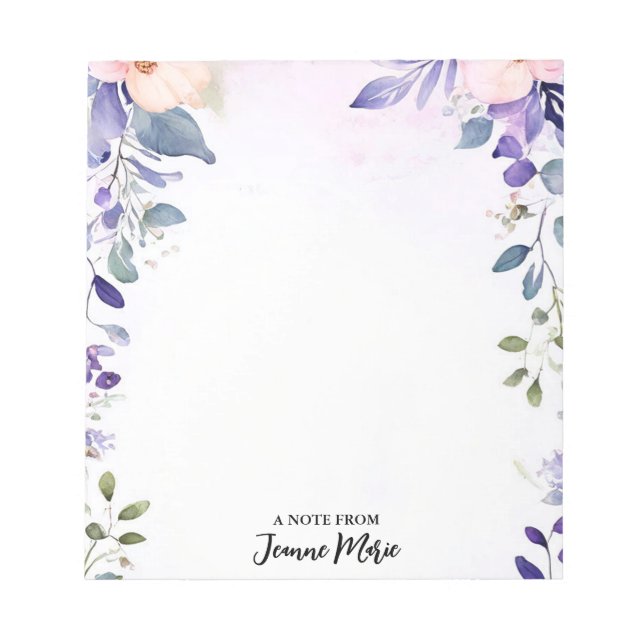 Bloc De Notas Elegantes hojas verdes de flores moradas personali (Frente)