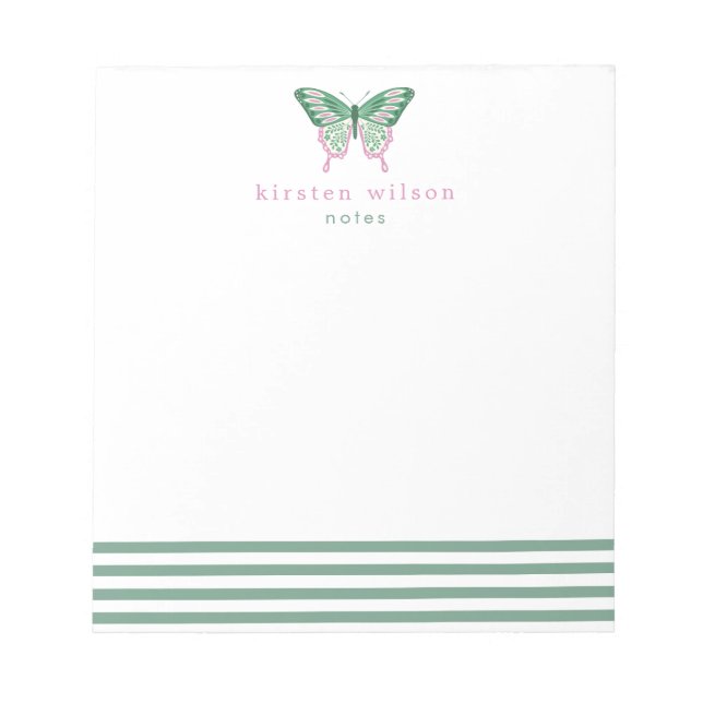 Bloc De Notas Elegantes rayas verdes y mariposa - Personalizadas (Frente)