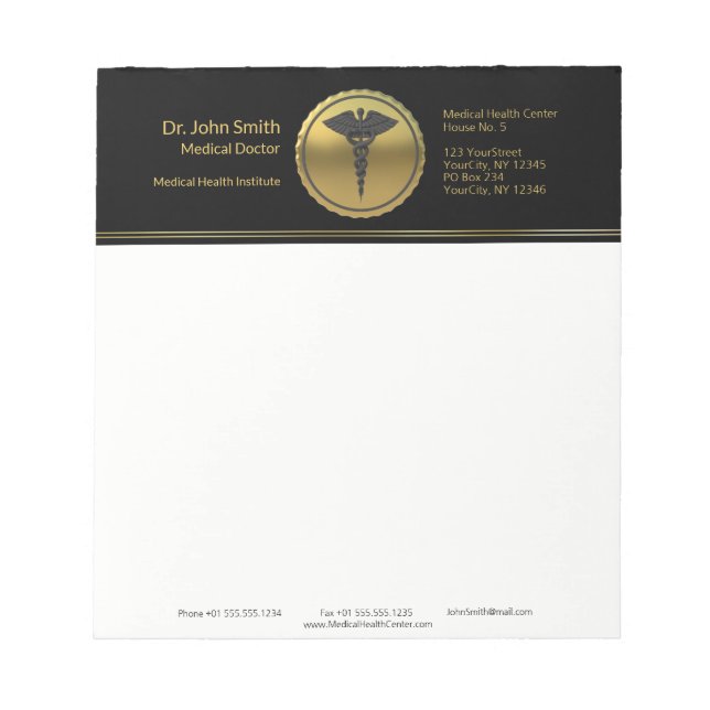 Bloc De Notas Emblema de Caduceo de Oro 3D Profesional (Frente)