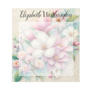 Bloc De Notas Encaje de monograma floral rosa magnolia flor púrp
