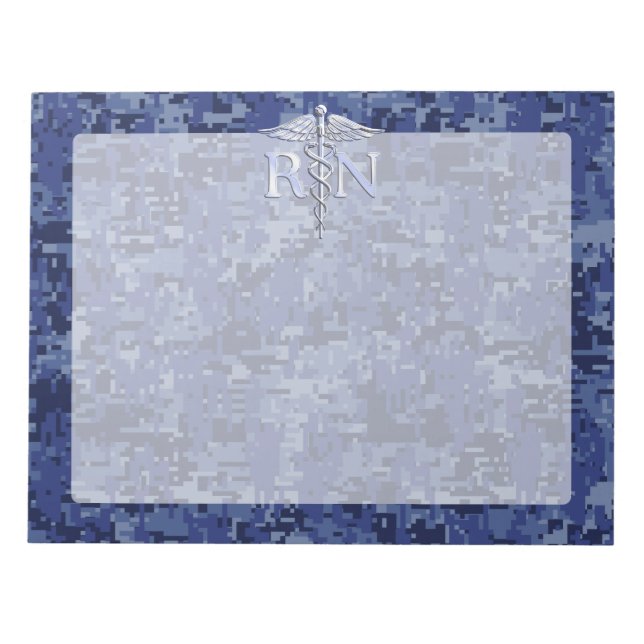 Bloc De Notas Enfermera inscrita RN Silver Caduceus en Navy Camo (Frente)