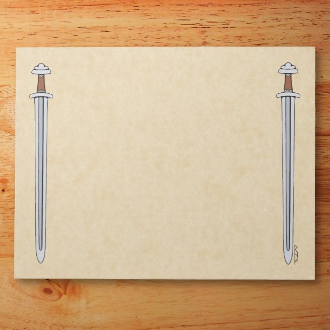 Bloc De Notas Espada vibrante (Viking Sword Notepad on Wooden Desk)
