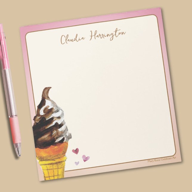 Bloc De Notas Estacionamiento personalizado de crema de hielo ac (This colorful ice cream notepad features my own vivid watercolor of a chocolate vanilla twist cone.)