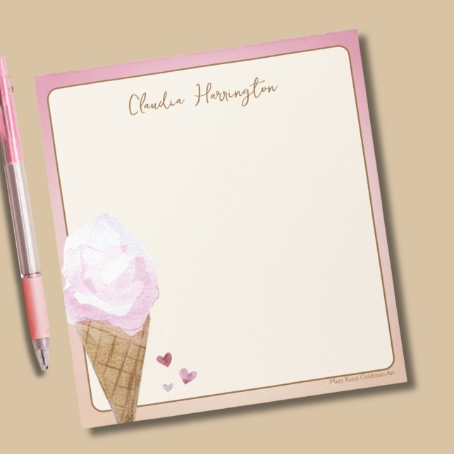 Bloc De Notas Estacionamiento personalizado de crema de hielo ro (This ice cream notepad features a scoop of soft pink ice cream in a waffle cone, along with hearts.)