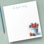 Bloc De Notas Estacionamiento personalizado de fresas acuáticas<br><div class="desc">Cuidada y encantadora, esta papelería personalizada presenta su nombre familiar o monograma en tipografía de escritura con letras verdes y azules con una pinta de hojalata pintada con una acuarela de fresas. Perfecto para sus notas de primavera y verano con un tema de granja. Para ver más diseños y regalos...</div>