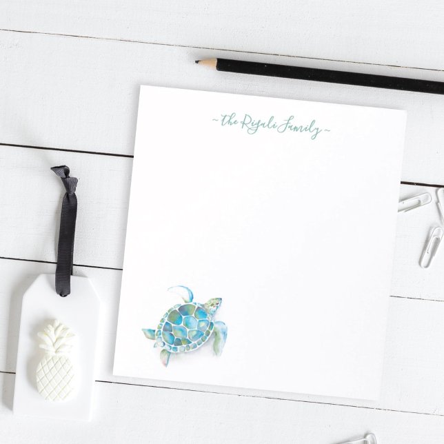 Bloc De Notas Estacionamiento personalizado de tortuga marina de (Sea Turtle notepad personalized unique watercolor art by Victoria Grigaliunas of Do Tell A Belle)