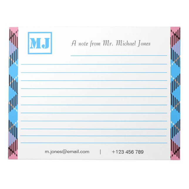 Bloc De Notas Estilo Profesional Monograma Script Tartán Lined (Frente)