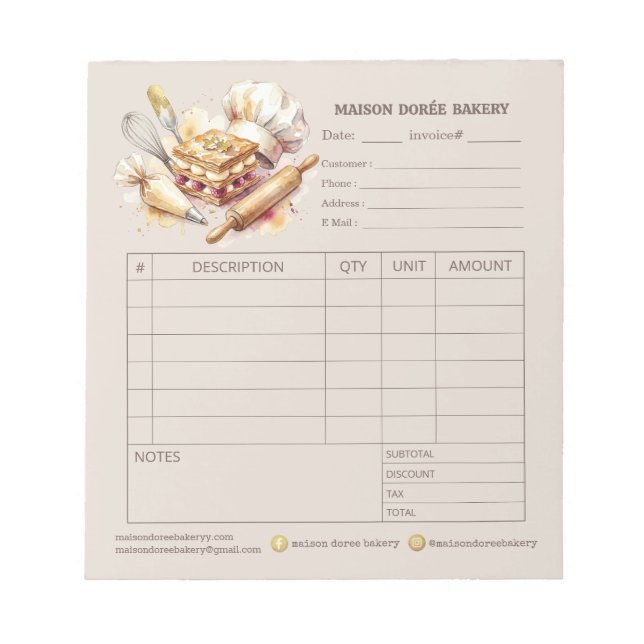 Bloc De Notas Factura de pedido de venta de pastelería (Frente)