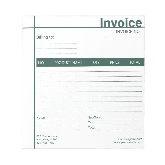 Bloc De Notas Factura moderna simple Ventas Recibo Negocio Verde (Frente)