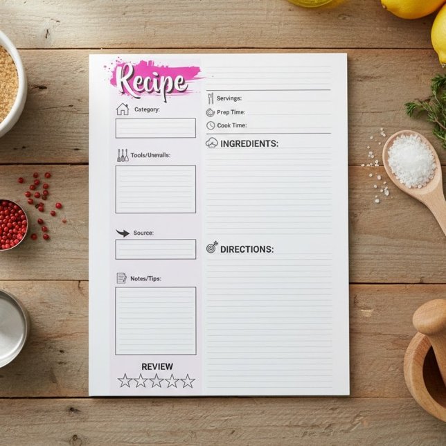 Bloc De Notas Family Full Page Papers | Blank Recipe Pages  (DIY family cookbook supplies, Notepad for writing down recipes)