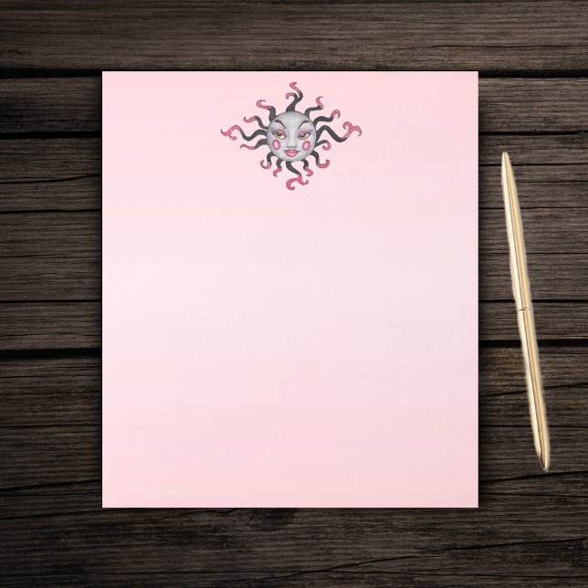 Bloc De Notas Fantasma Sun Bonito Face Black Pink Rays (Grey pink black sun with pretty face pink lips and fancy scrolled rays on pink paper notepad.)