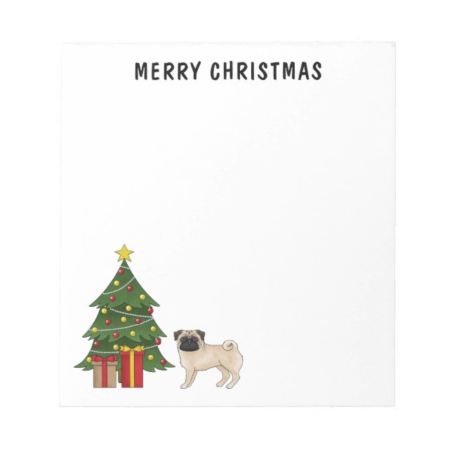 Bloc De Notas Fawn Pug Cute Cartog Perro Con Un Árbol De Navidad (Frente)