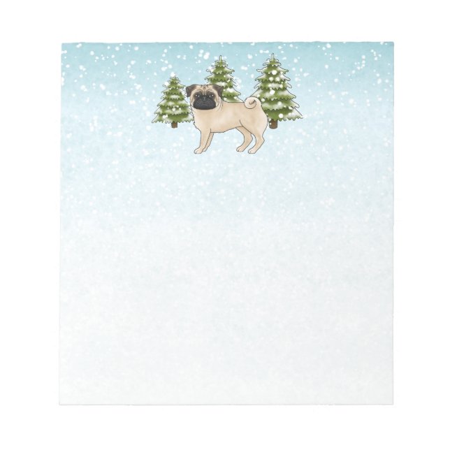 Bloc De Notas Fawn Pug Cute Cartoon Dog Snowley Winter Forest (Frente)