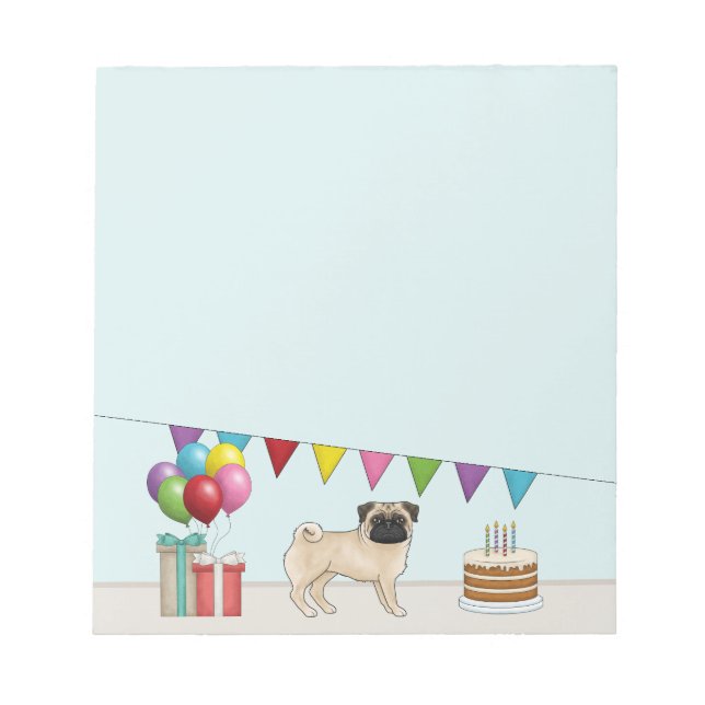 Bloc De Notas Fawn Pug Lindo Perro de Dibujos Animados Cumpleaño (Frente)