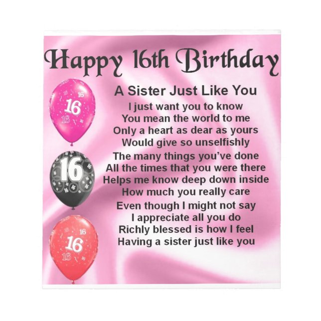 Bloc De Notas Feliz cumpleaños 16 - poema para hermana (Frente)