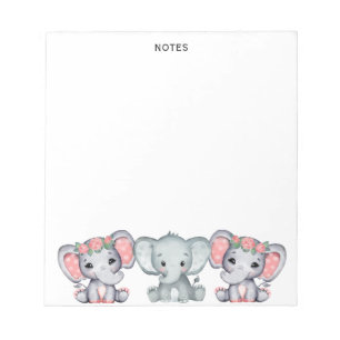 Bloc de notas femenino de elefante gris rosado