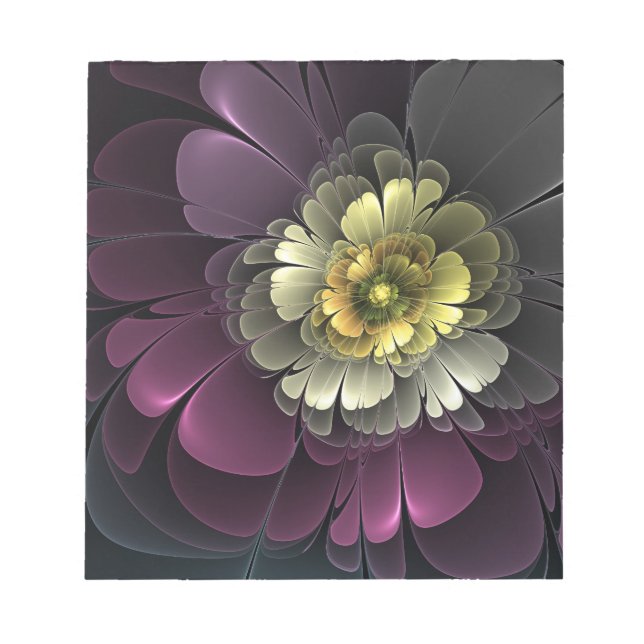 Bloc De Notas Flor Fractal Gris Purpura Moderna Abstracta (Frente)