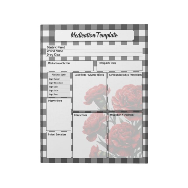 Bloc De Notas Floral blanca y negra _ plantilla de medicamentos (Lado Izquierdo)