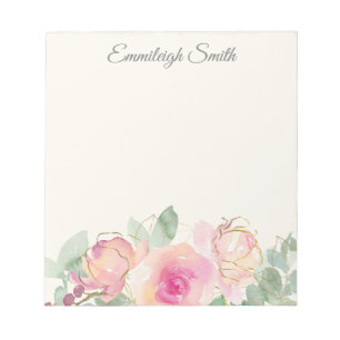 Bloc De Notas Floral Verde Personalizado Rosa Elegante Letra