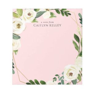 Bloc De Notas Flores de acuarela blanca, rosa personalizado