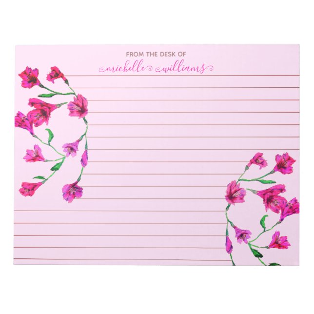 Bloc De Notas Flores de acuarela magenta en línea personalizada (Frente)