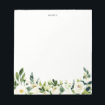 Bloc De Notas Flores de manantial blanco de color de agua person<br><div class="desc">Bloc de notas personalizado de las flores de primavera blanca de color de agua | Una tablilla elegante y caprichosa con flores blancas y follaje. Será un acento femenino perfecto para tu oficina.</div>