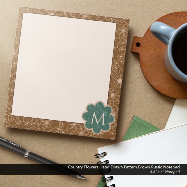 Bloc De Notas Flores de país patrón dibujado a mano Rústico marr (Country Flowers Hand Drawn Rustic Pattern in Brown: 5.5"x6" Notepad with Hunter Green Monogram)