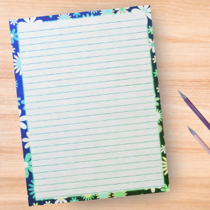 Bloc De Notas Flores retro borde floral sobre lino verde azul