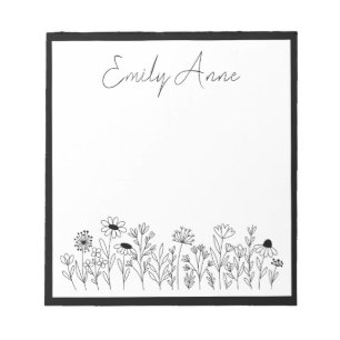 Bloc De Notas Flores silvestres en blanco y negro Dibujo de flor