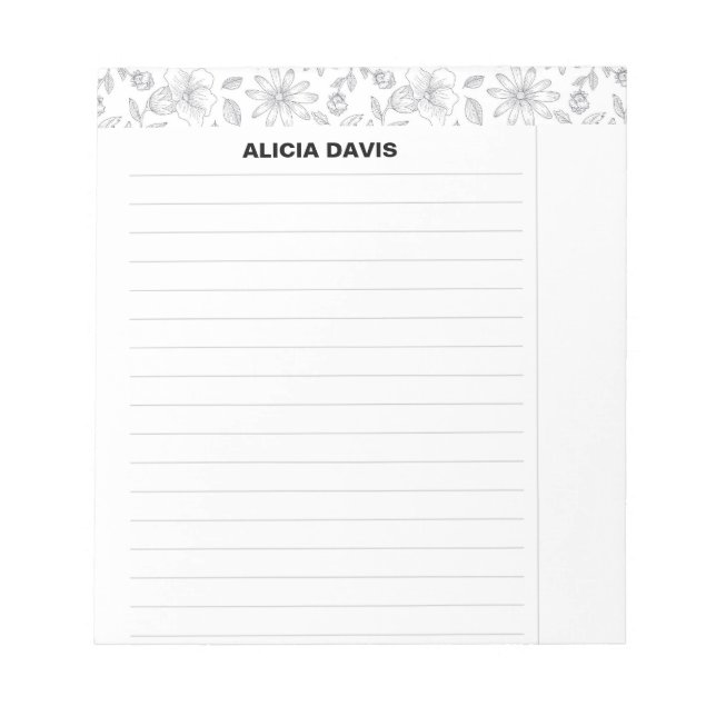 Bloc De Notas Flores simples y elegantes de blanco negro (Frente)