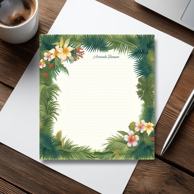 Bloc De Notas Flores tropicales verdes y Ilustracion de hojas (Green Tropical Flowers & Leaves Illustration Notepad)
