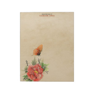 Bloc De Notas Flores y Mariposa Pergamino Papel Vintage