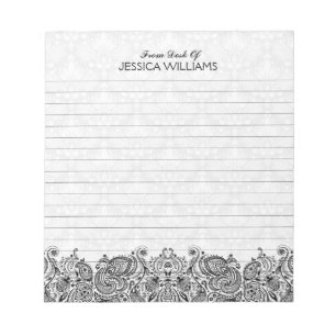 Bloc De Notas Fondo de damas blancas de color negro paisley
