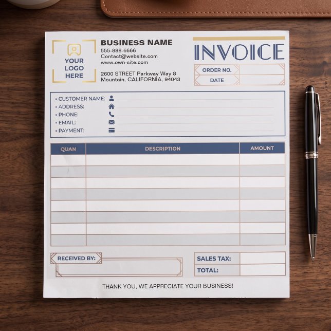 Bloc De Notas Formas de factura de venta comerciales mínimas, lo (custom logo invoice notepad, minimalist small business receipt, modern bakery invoice form)