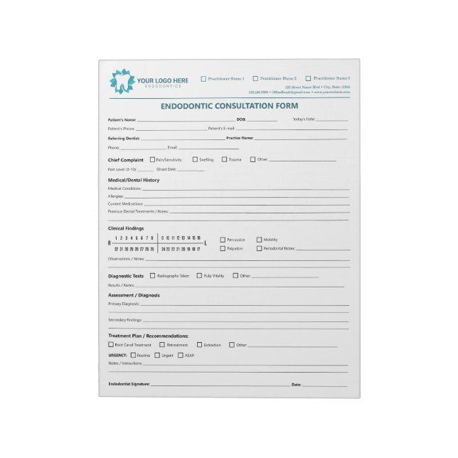 Bloc De Notas Formulario de Consulta Endodóntica Personalizado (Lado Izquierdo)