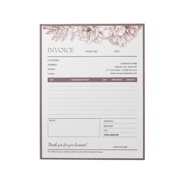 Bloc De Notas Formulario de Factura Comercial de Marco Floral Ma (Lado Izquierdo)