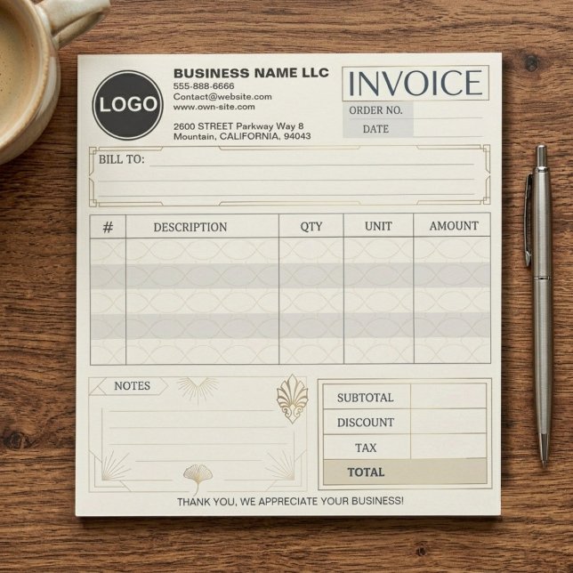 Bloc De Notas Formulario de factura comercial en blanco personal (modern template, elegant calligraphy custom order form, modern branded invoice notepad, custom sales)