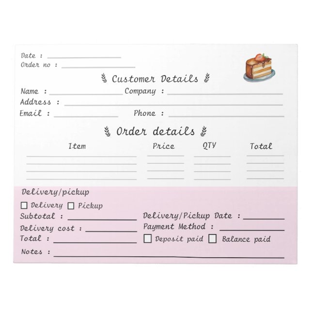 Bloc De Notas Formulario de pedido de pastelería para pastelería (Frente)