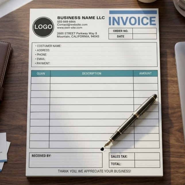 Bloc De Notas Formulario de Ventas de Negocio Grande / Recibo |  (custom logo cake order form, modern bakery sales receipt template, personalized small business order)