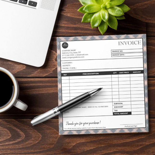 Bloc De Notas Formulario sencillo de factura comercial de borde  (Simple Grey Plaid Border Business Invoice Template)