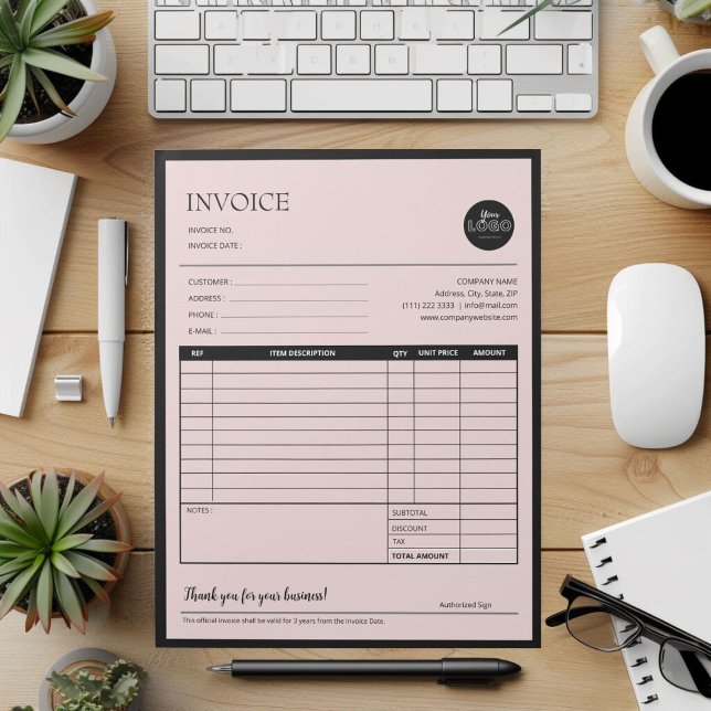 Bloc De Notas Formularios de factura de cotizaciones empresarial (Black Pink Modern Business Quotation Invoice Forms Notepad desk top mock up)
