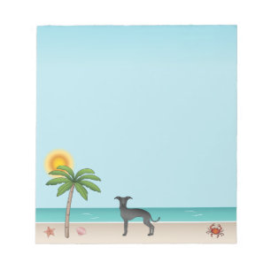 Bloc De Notas Galgo Italiano Negro en Playa Tropical de Verano
