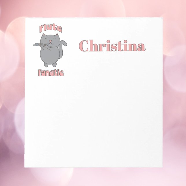 Bloc De Notas Gata Gris Fanática de la Flauta Personalizable (A notepad with a gray cat playing the flute and the words flute fanatic.  The name can be changed.)
