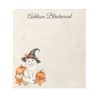 Bloc De Notas Gato Blanco Sombrero de Bruja Calabazas Personaliz