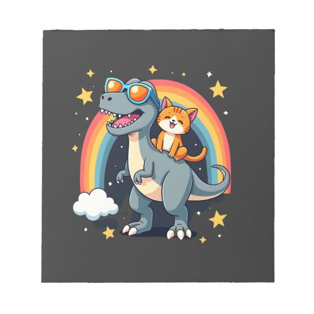 Bloc De Notas Gato montando dinosaurio T-Rex gatito Arcoiris Din (Frente)