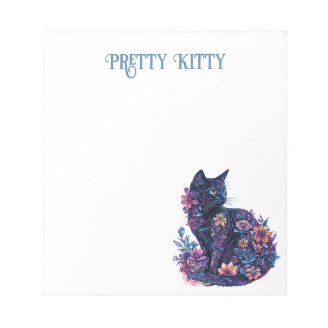 Bloc De Notas Gato negro azul flores gatito bonito (Frente)